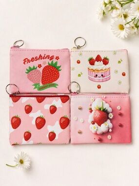 Strawberry Coin Purse Keychain Set of 4 🍓 Pink Kawaii Zipper Pouches Cute Bundle